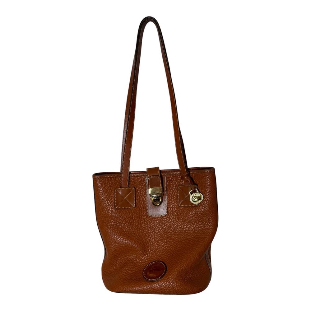 Vtg 90s USA Made Dooney & Bourke Brown Pebbled Leather Shoulder Bucket Bag Purse